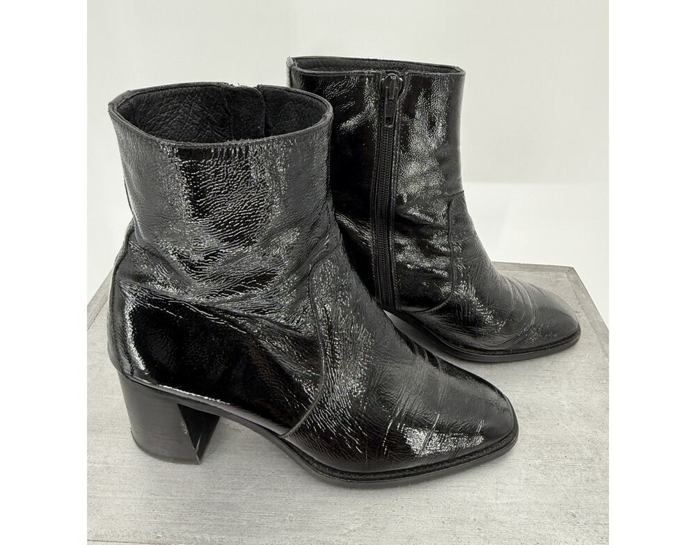 Minelli Women Black Patent Leather Ankle Boots EU 40 US 9.5 Block Heel Luxury